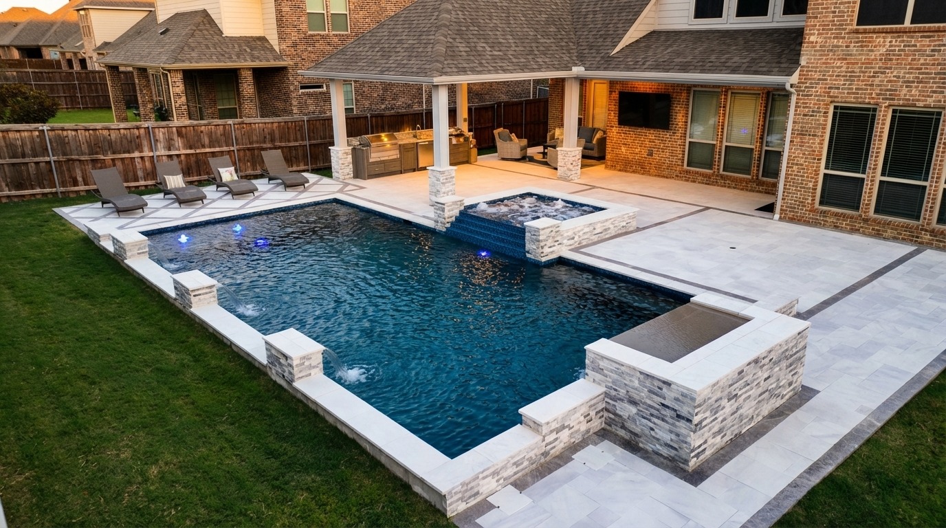 Frisco Geometric Pool with Stone Grotto, Spa Spillover & Outdoor Kitchen — custom geometric pool by Prestige Pool & Patio