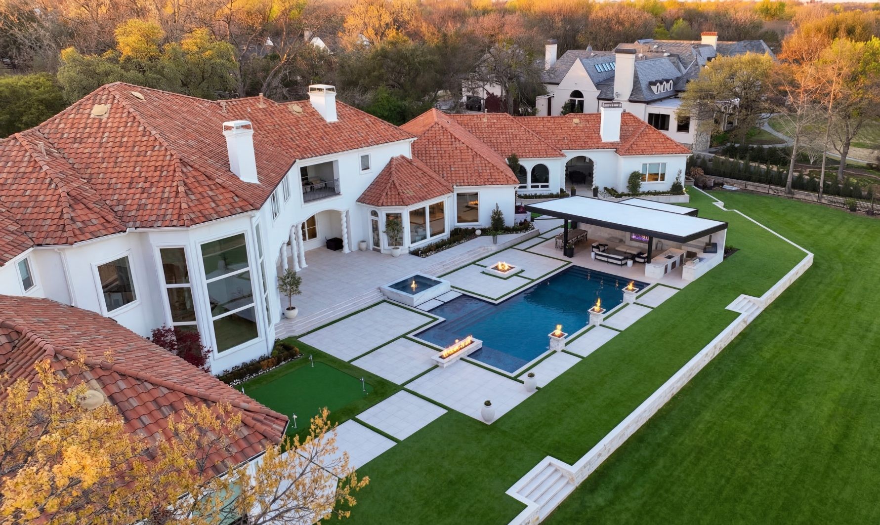 Modern White Marble & Fire — Plano, TX — custom geometric pool by Prestige Pool & Patio