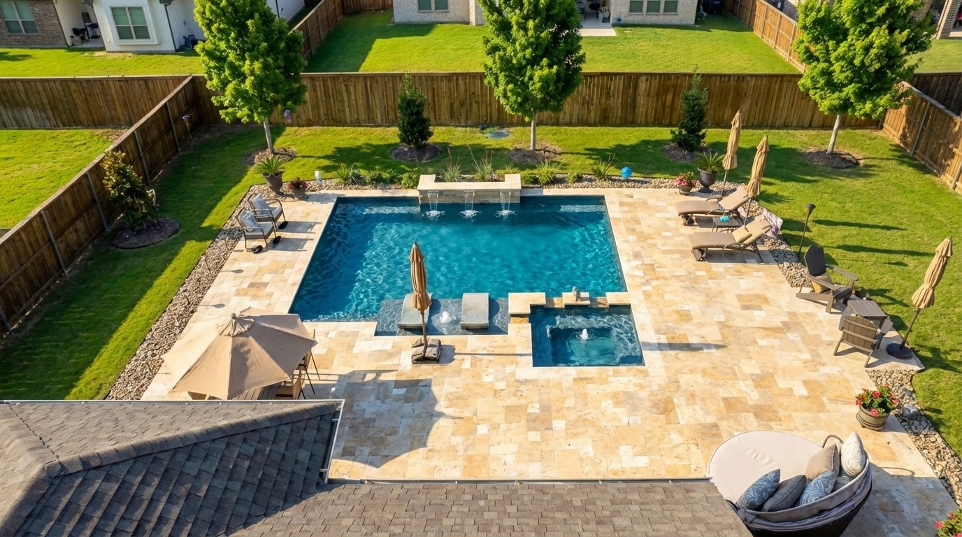 Serene Backyard Retreat with Pool & Outdoor Kitchen — Frisco, TX — custom geometric pool by Prestige Pool & Patio