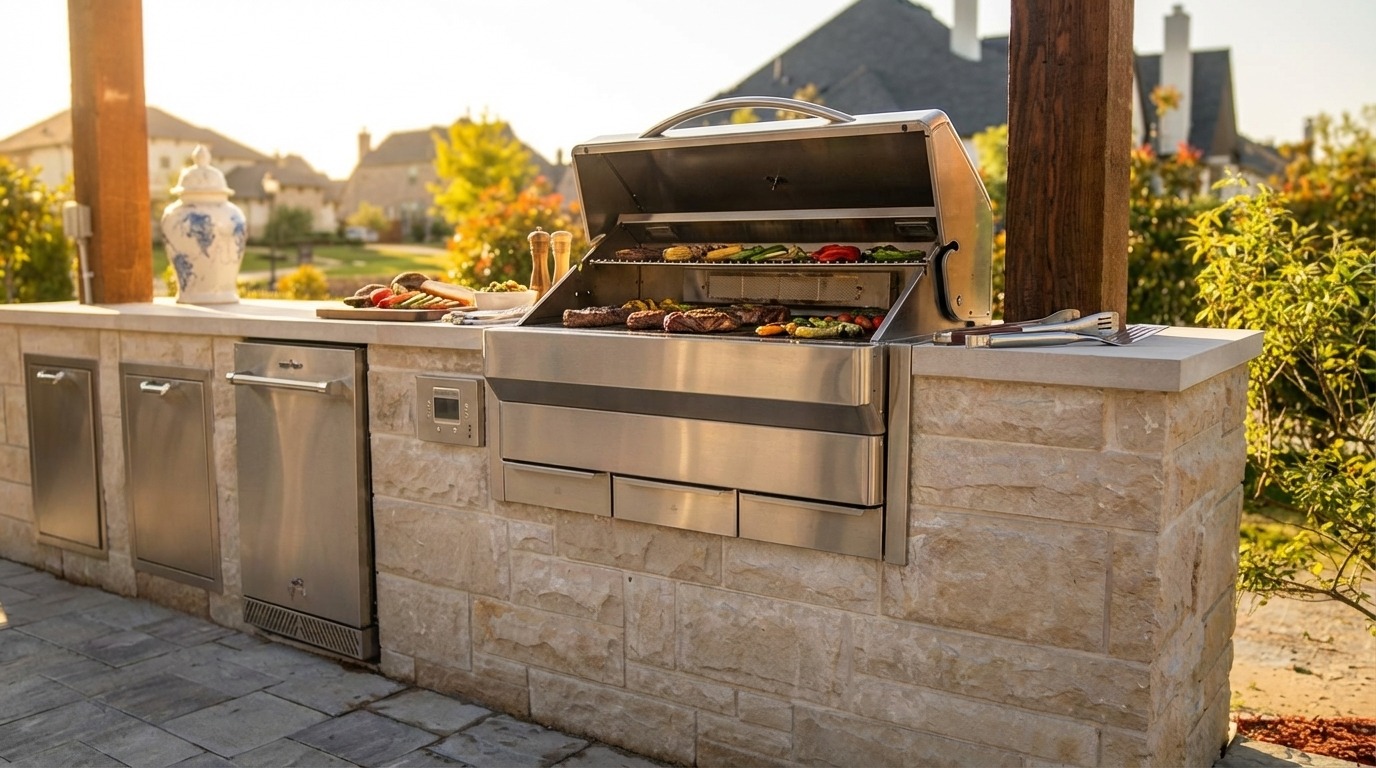 Outdoor kitchen islands with built-in grills