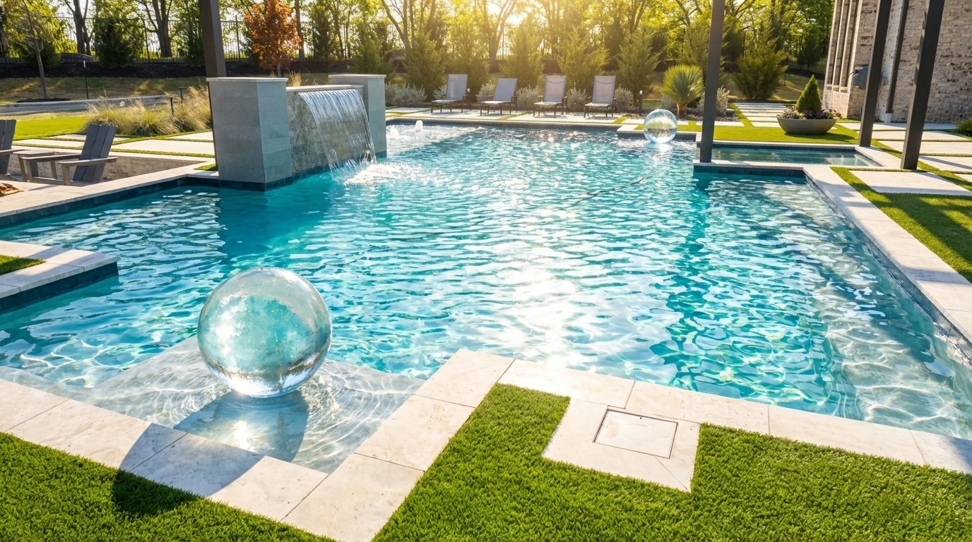 Modern Pool with LED Spheres — Celina, TX — custom geometric pool by Prestige Pool & Patio