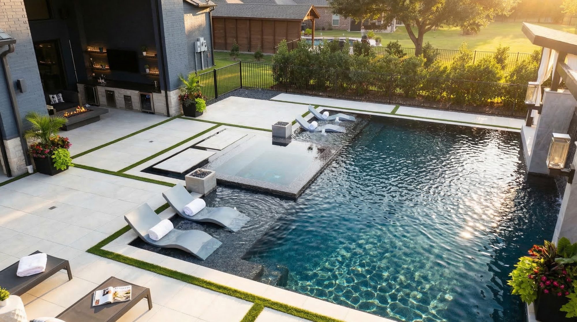 Modern Spa & Shade Lounge — Prosper, TX — custom pool by Prestige Pool & Patio in Prosper, TX