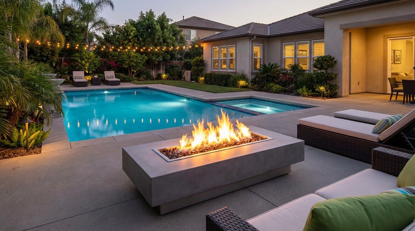 Modern fire pit by a pool at dusk with string lights
