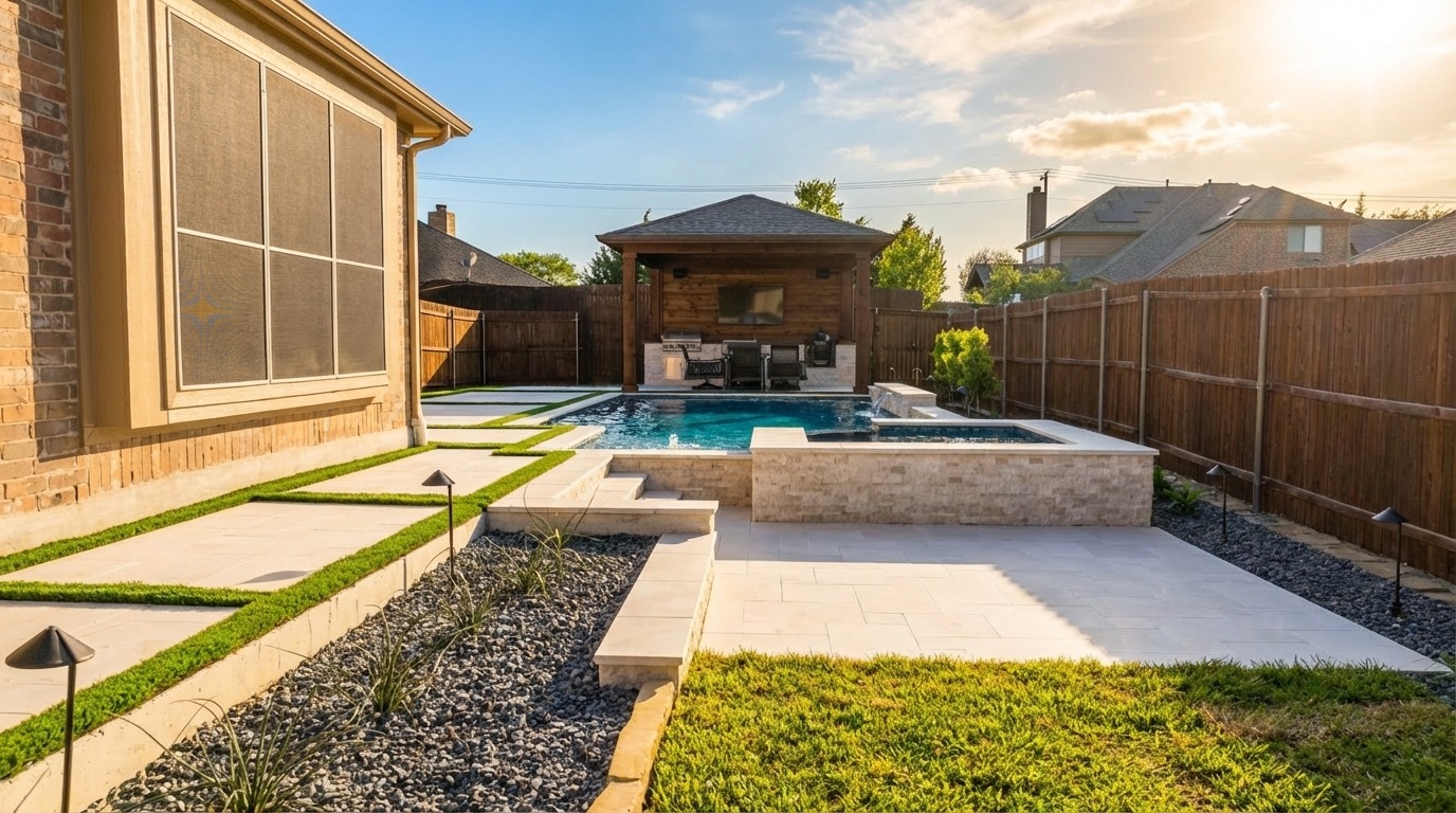 Modern Deck Pool & Spa Combo — Frisco, TX — custom geometric pool by Prestige Pool & Patio