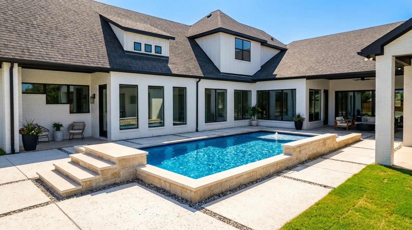 Modern Farmhouse Pool with Diving Platform — Gunter, TX — custom geometric pool by Prestige Pool & Patio