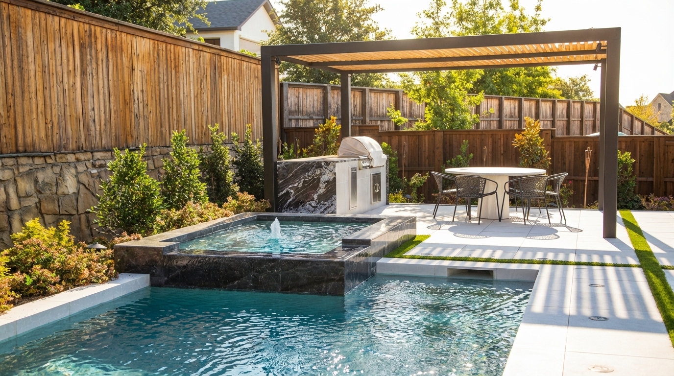 Modern Dark Marble Pool with Spa, Pergola & Outdoor Kitchen — Prosper, TX — custom geometric pool by Prestige Pool & Patio