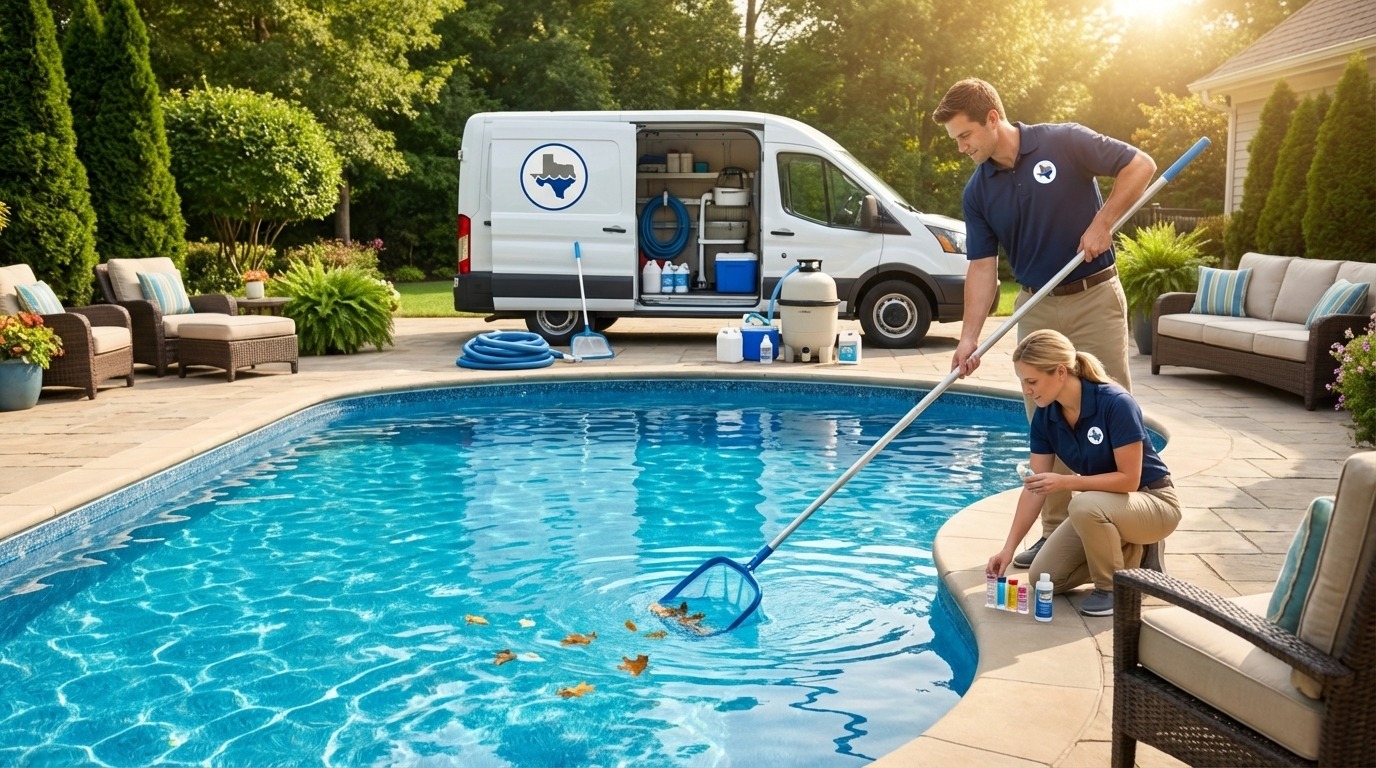 Two technicians preparing a pool for spring opening